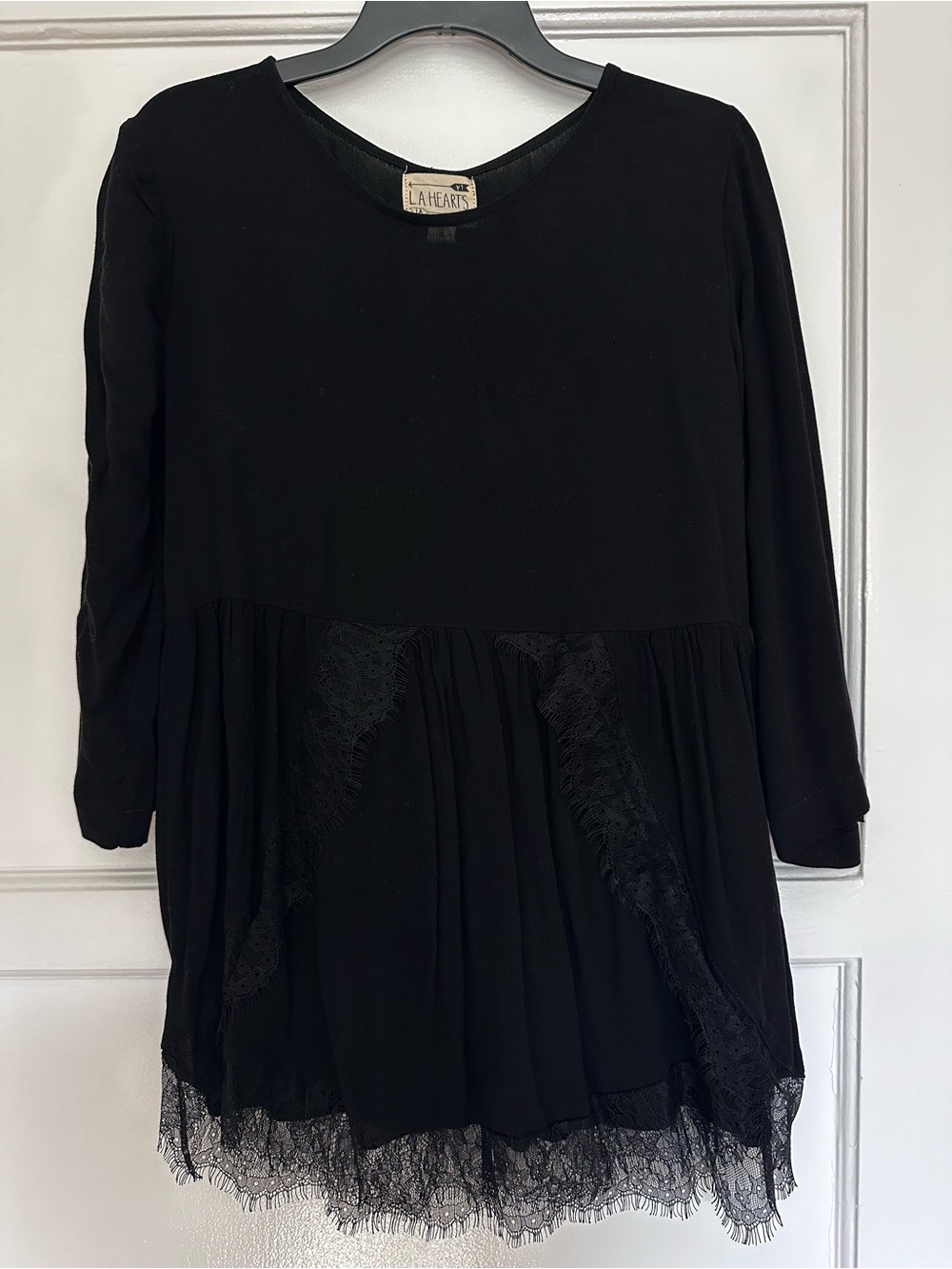 Black Lace-Trim 3/4 Sleeve Blouse